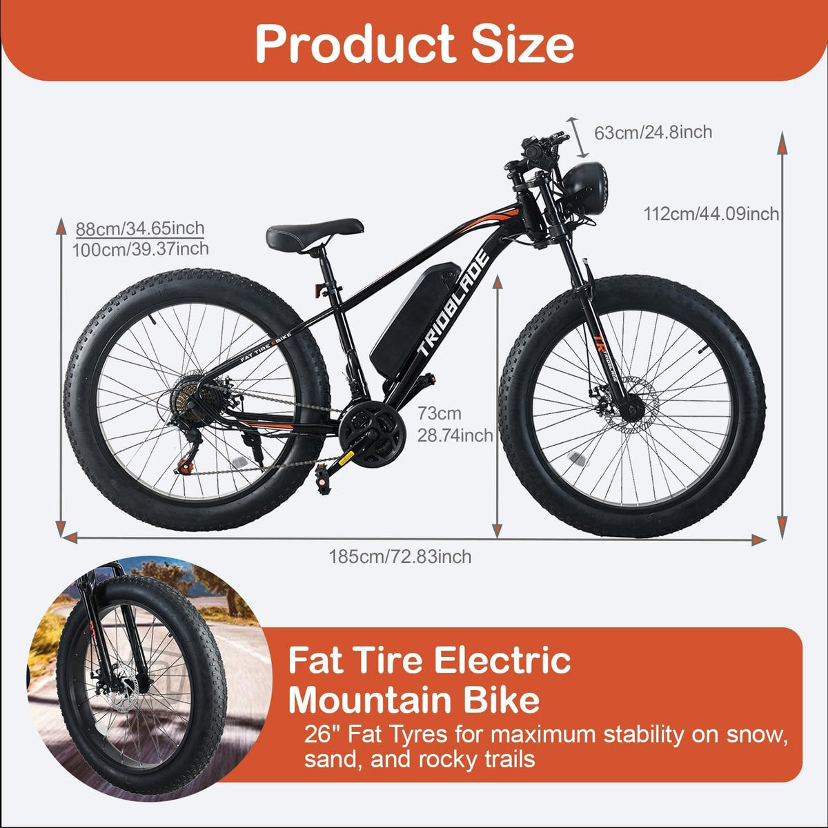 26" Fat Tire Electric Bike for Adults, 36V 10.4Ah Battery, 250W Motor, 21-Speed E-Bike with LCD Display & Dual Disc Brakes
