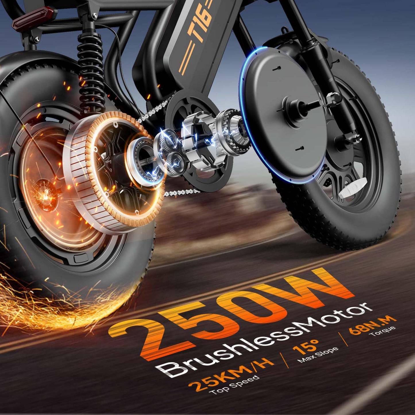 16" Fat Tire Electric Bike, 48V 13Ah Removable Battery, 250W Motor, Dual Suspension E-Bike with Storage Box & LCD Display