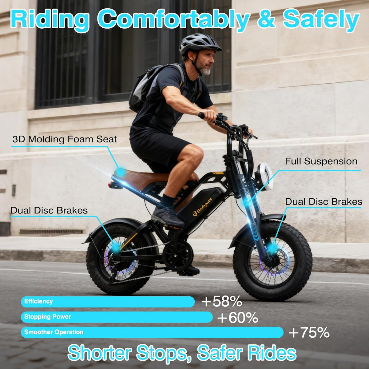 16" Fat Tire Electric Bike for Adults, 48V 13.5Ah Removable Battery, 250W Motor, Dual Suspension E-Bike with LCD Display
