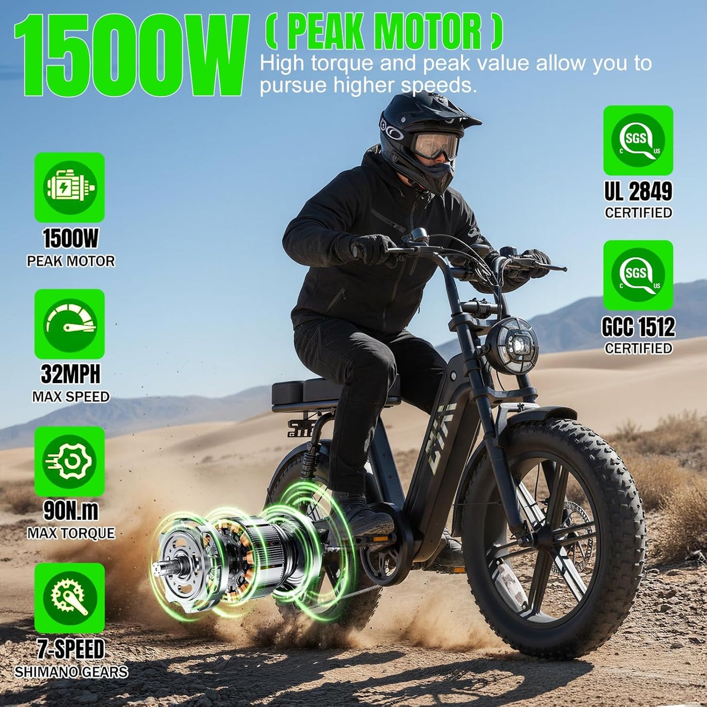 20" Fat Tire Electric Bike for Adults, 1500W Peak Motor, 48V 15Ah Battery, 7-Speed E-Bike with Full Suspension