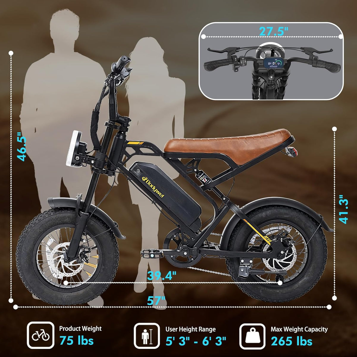 16" Fat Tire Electric Bike for Adults, 48V 13.5Ah Removable Battery, 250W Motor, Dual Suspension E-Bike with LCD Display