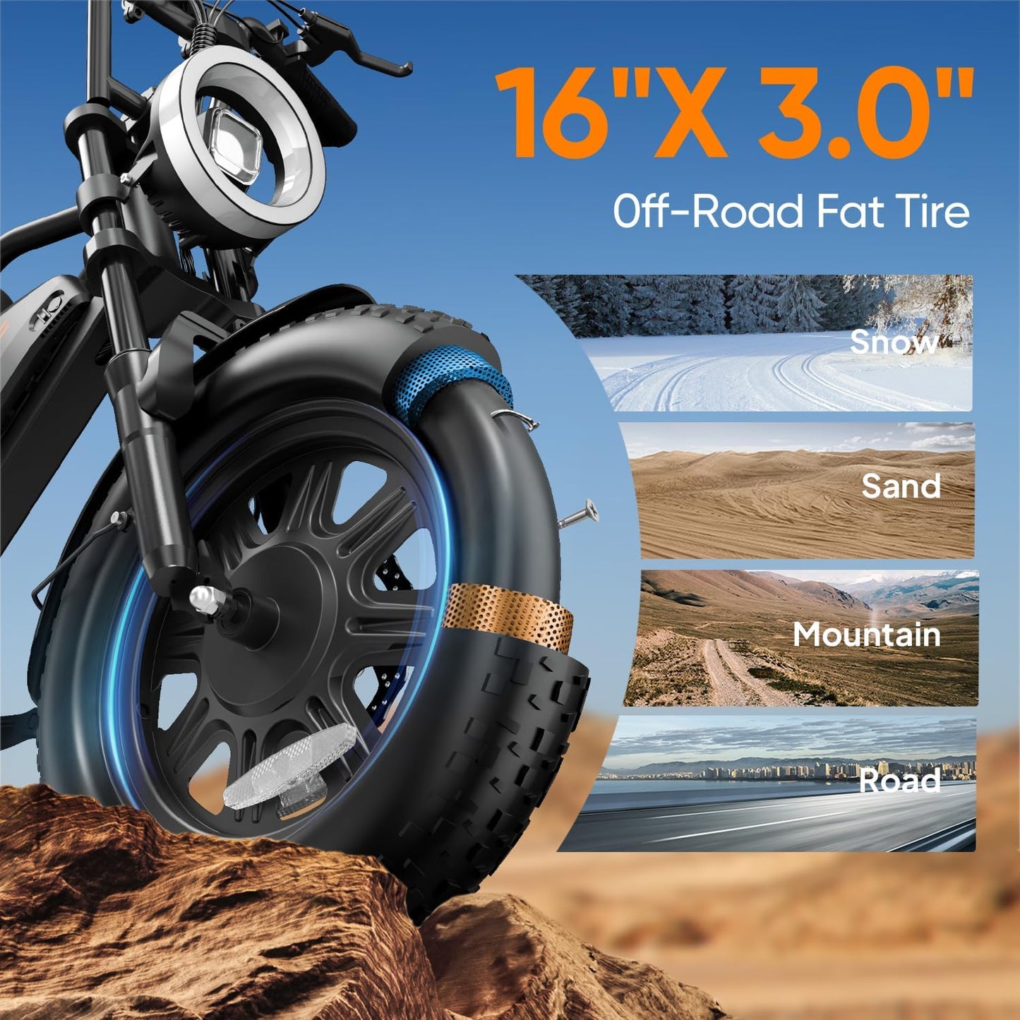 16" Fat Tire Electric Bike, 48V 13Ah Removable Battery, 250W Motor, Dual Suspension E-Bike with Storage Box & LCD Display