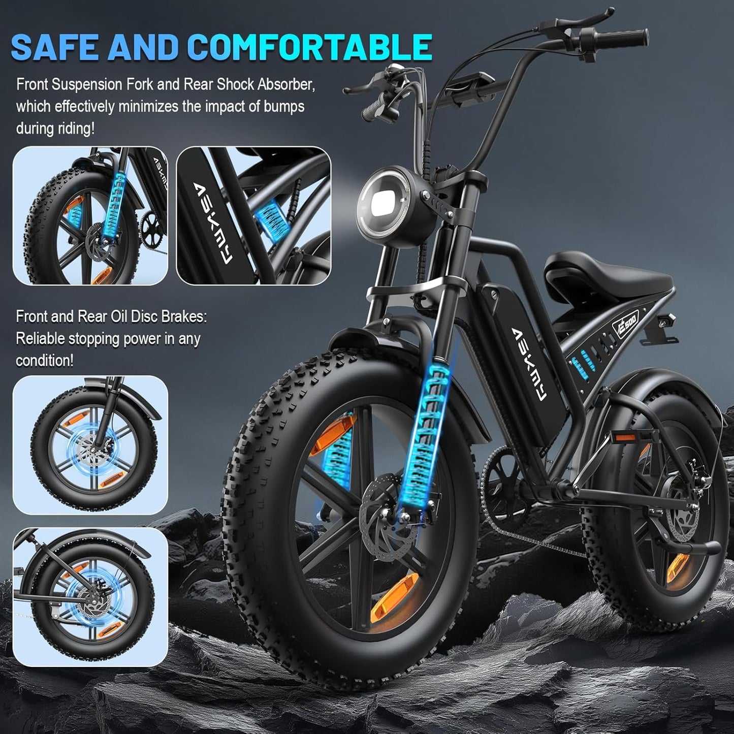 20" Fat Tire Electric Bike for Adults, 48V 15Ah Removable Battery, 1500W Peak Motor E-Bike, 7-Speed Mountain Bike